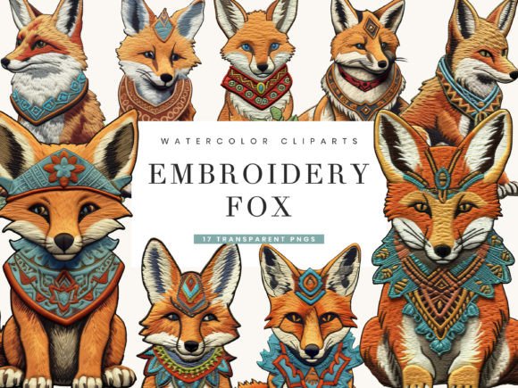 Embroidery Fox Clipart Bundle